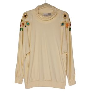VTG FITTING IMAGE Cream Colorful Beaded Rhinestone Cowl Neck Long Sleeve Top NWT